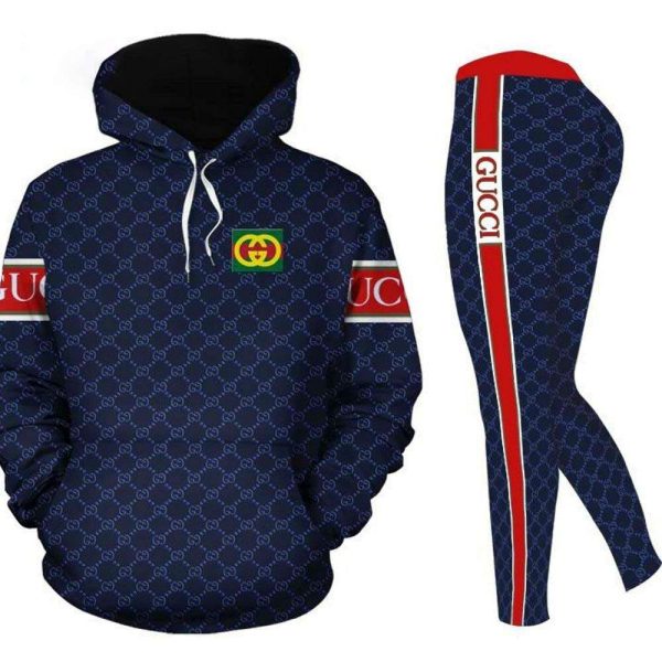 Gucci 3D Blue Red Stripe Full Print Hoodie And Leggings Set 257