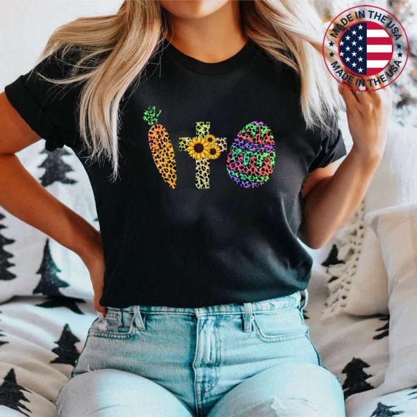 Happy Easter Graphic Shirt Womens Leopard Carrot Egg Cross T-Shirt