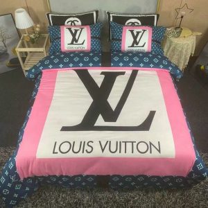 LV Pink White Blue Bedding Sets Luxury Brand Bedding 055