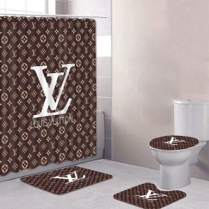 Shower Curtains Louis Vuitton Brown White Logo Full Bathroom Sets 088