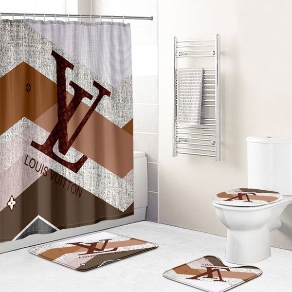 Shower Curtains Louis Vuitton Striped Beige Logo Full Bathroom Sets 095